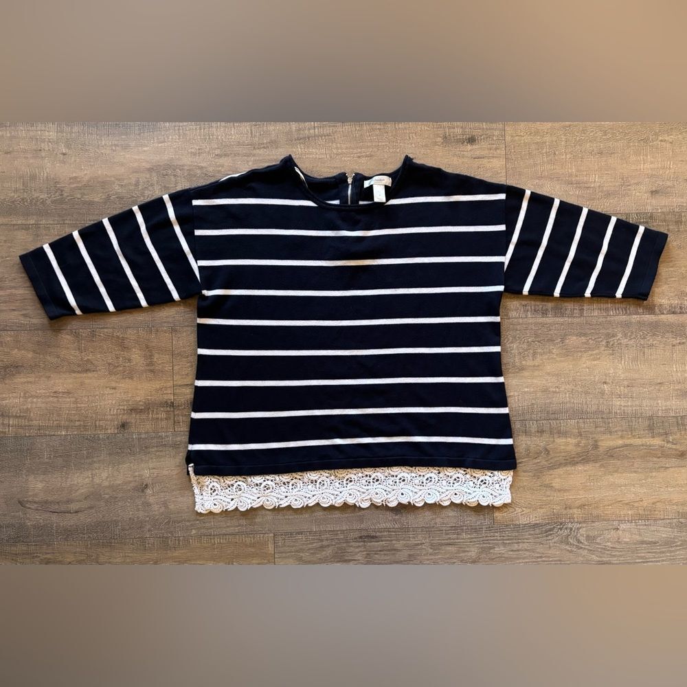 CJ Banks women’s size X 14W navy blue stripe lace trim 3/4 length sleeve sweater